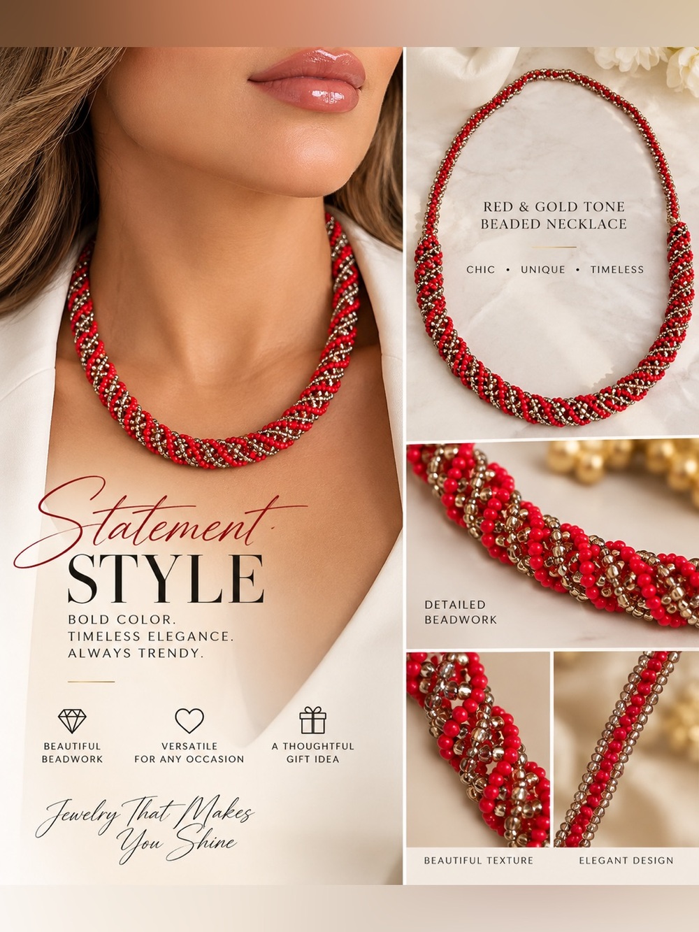 Red & Gold Beaded Statement Necklace - Women Jewelry